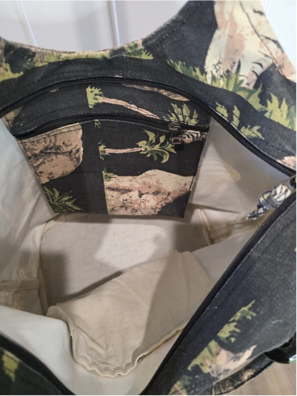 Safari Animal Print Cotton Tote Bag Elephant Zebra Palm Trees Zip Closure Pocket